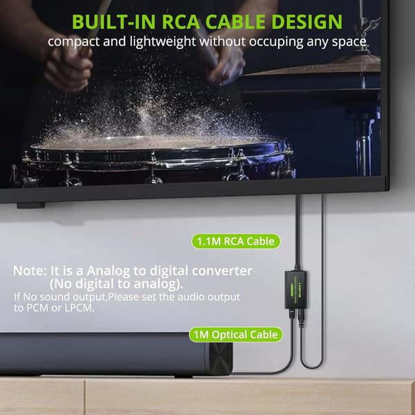 NÖRDIC Analog til digital lydkonverter RCA til digital Toslink SPDIF optisk med optisk kabel Black