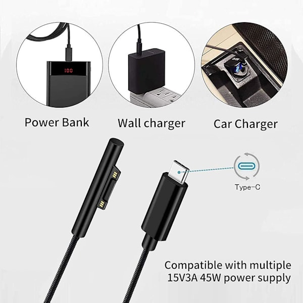 NÖRDIC 2m Ladekabel til Microsoft Surface 15V3A 45W Black
