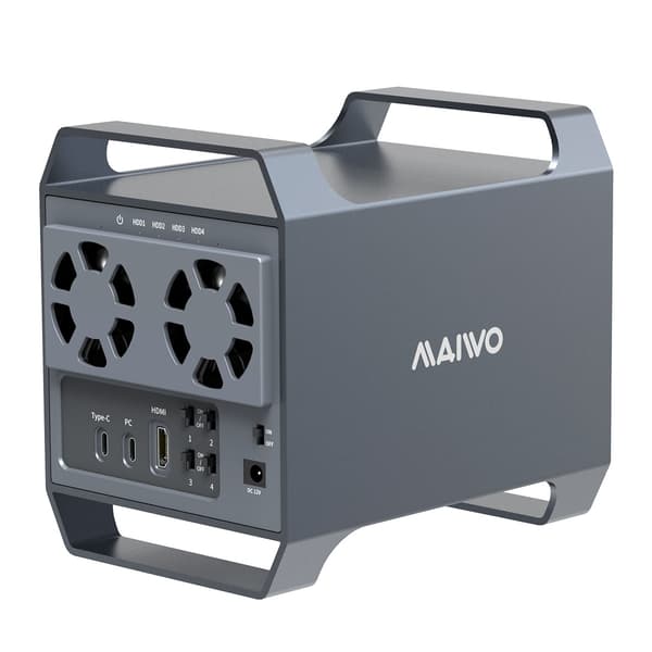 Maiwo K35284A 4-bay DAS-design til 3,5” SATA HDD med 2 køleblæsere, USB‑C & 10 Gbps hastighed, ingen RAID