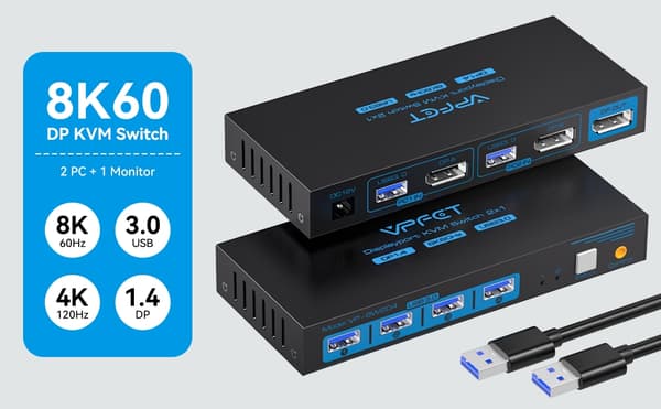 NÖRDIC KVM-switch 2 til 1 DisplayPort til DisplayPort, 8K60Hz/4K120Hz, 4x USB-A Black