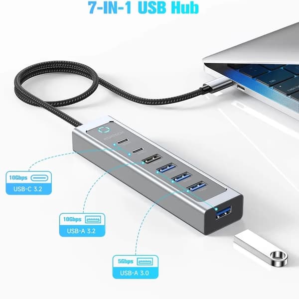 NÖRDIC USB-C Hub 2xUSB-C 10G, 1xUSB-A 10G, 4xUSB-A 5G, 60cm kaapeli