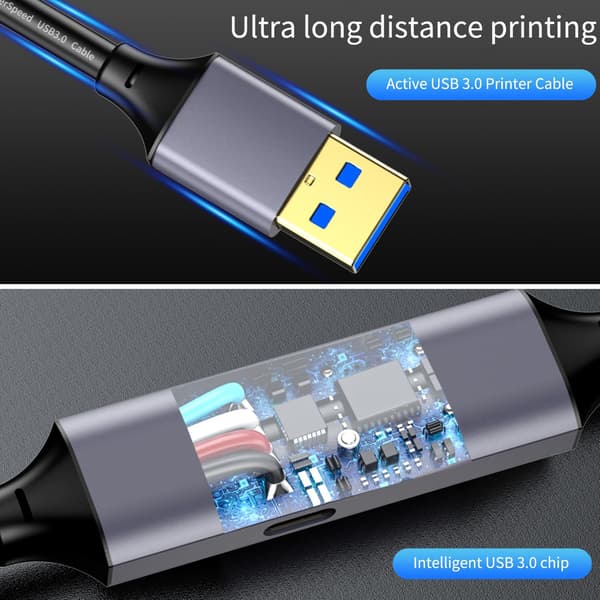 NÖRDIC USB 3.0 Aktiv Printerkabel - 15m USB A til USB B 3.0 Kompatibel med printer, konferencerkamera, dockingstation, harddisk og mere