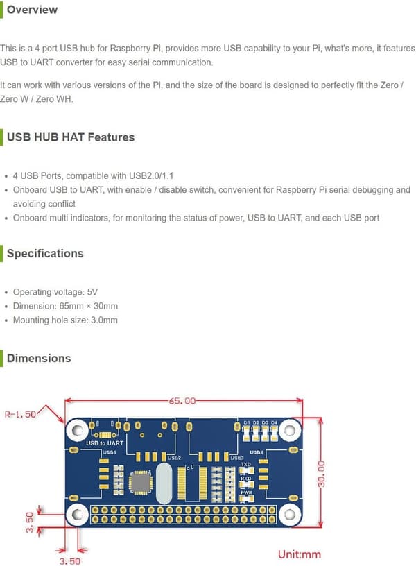 USB HUB HAT 4-porttinen Raspberry Pi Zero/A+/B/B+/2/3 - Tukee USB-A ja sarjaviestintää USB to UART -liitännällä