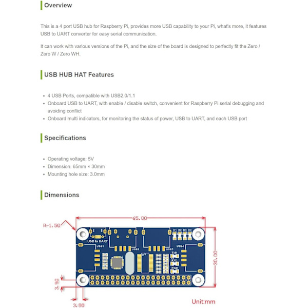 USB HUB HAT med 4 porte til Raspberry Pi Zero/A+/B/B+/2/3 – Understøtter USB-A og seriel fejlfinding via USB til UART
