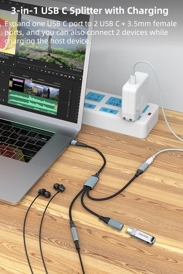 NÖRDIC USB-C-hub 1 til 3, 1xUSB-C 1xUSB-C PD60W 1x3,5mm hovedtelefonstik OTG-kabel
