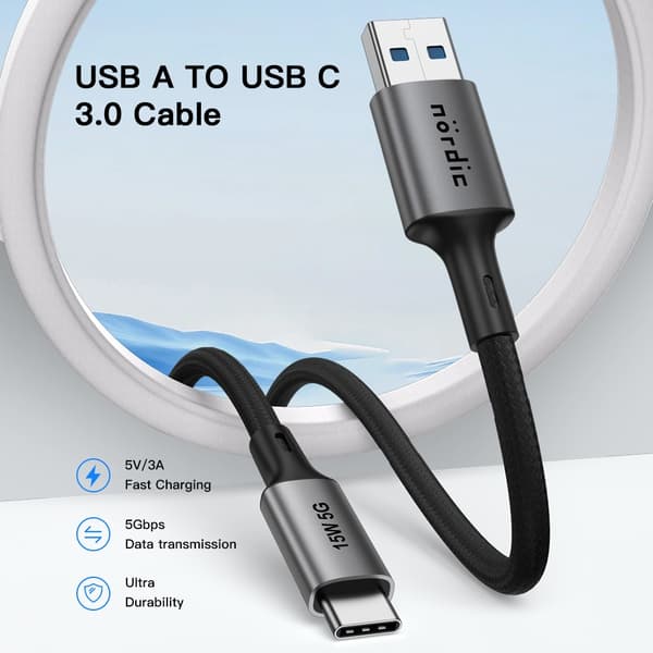 NÖRDIC 5m USB3.2 Gen1 USB-C till A nylonflätad kabel snabbladdning 3A 5Gbps 15W grå grå