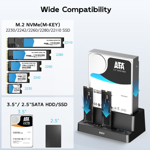 Maiwo K309CL Triple Bay HDD Clone-kabinet til 2× SSD NVMe M.2 og 1× SATA HDD