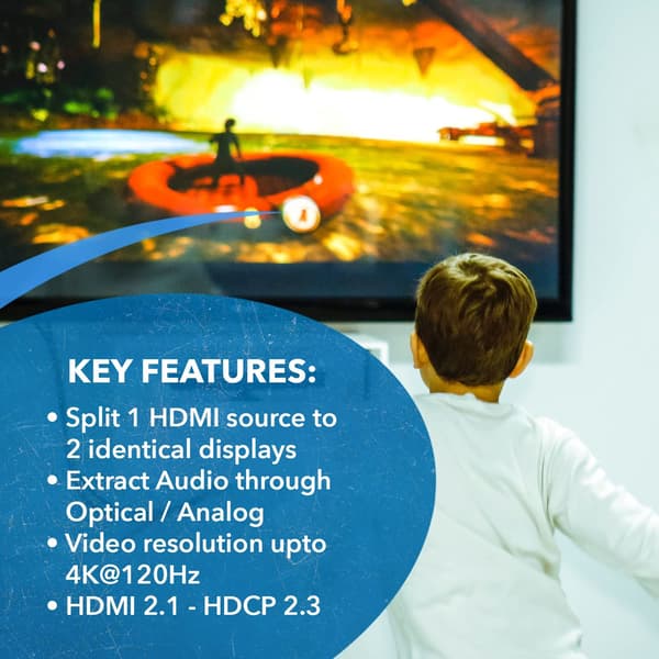 NÖRDIC 8K HDMI 2.1 Splitter 1 til 2 & Extractor Optisk SPDIF & Stereo HDR EDID Dolby Atmos, True HD, Digital Plus, DTS-HD Master Black