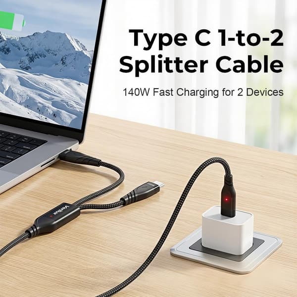 NÖRDIC USB-C-splitter 1 till 2 kabel 1,2m PD 140W snabbladdning