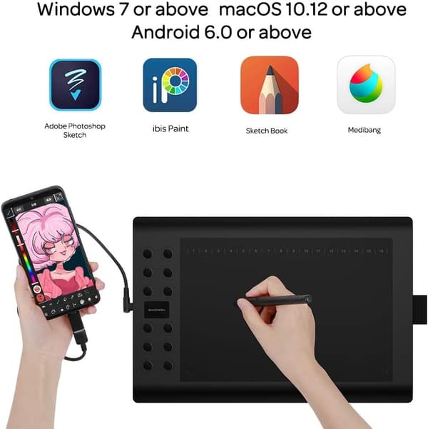 Professionell grafisk ritplatta med 12+16 programmeringsknappar. Kompatibel med Windows Mac Android och den är batterifri