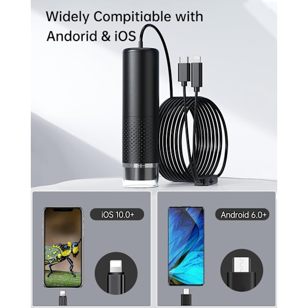 USB Microscope 1080P HD for iPhone Android, 10 to 200X Digital with 8 LED Compatible with iOS, Android, Tablet