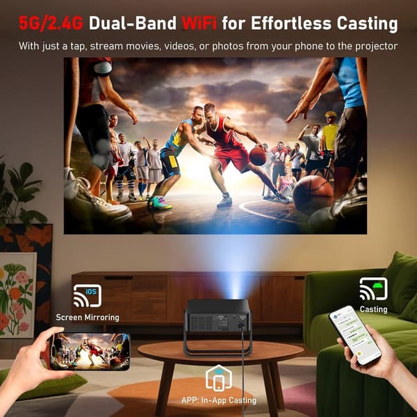 NÖRDIC 1080P Projektor Certificeret til Netflix, Prime Video, Disney+ og YouTube, 300 ANSI lumen, 2.4/5G WiFi 6-understøttelse til iOS/Android