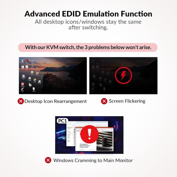 AV Access KD-E10 Dockingstation & KVM Switch for 2 computere til 2 skærme HDMI 4K60Hz, 100W PD, 3 x USB, 1G Ethernet, SD, 3.5 mm AUX Audio EDID Black