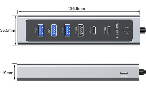 NÖRDIC USB-C Hub 2xUSB-C 10G, 1xUSB-A 10G, 4xUSB-A 5G, 60cm kaapeli