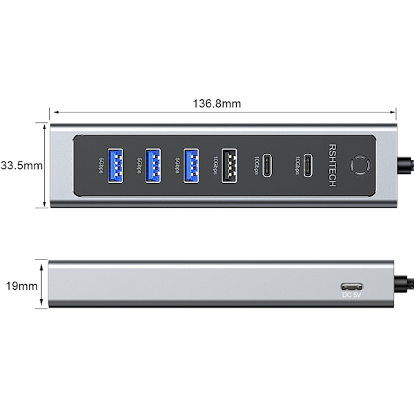 NÖRDIC USB-C Hub 2xUSB-C 10G, 1xUSB-A 10G, 4xUSB-A 5G, 60cm kabel