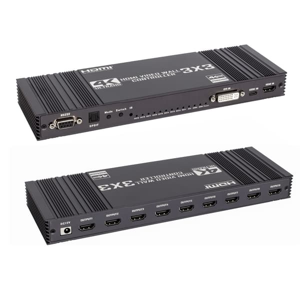 NÖRDIC Video Wall Controller 3x3, TV-väggprocessor, 4K@30Hz HDMI multi-skärm skarvningsprocessor med HDMI + DVI + USB-C ingång