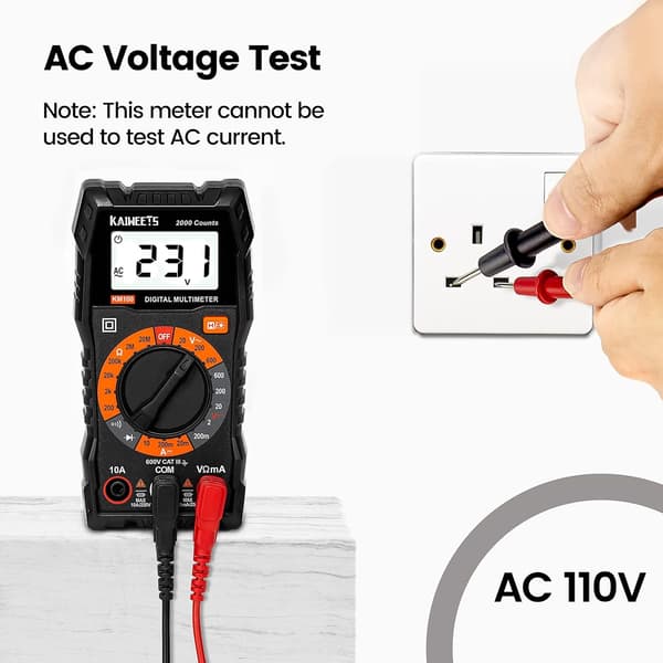 Digital multimeter, DC-/AC-voltmeter, ohm-, volt- og amperemåler samt kontinuitets- og diodespændingstester til husholdningsstik