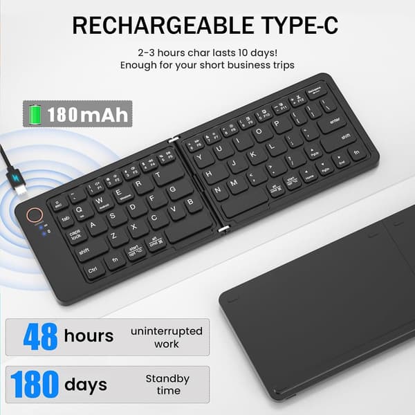 NÖRDIC Foldbart Slim Bluetooth-tastatur i lommestørrelse, kompatibelt med iOS, Android og Windows, til smartphone, tablet, iPad, iPhone og laptop, US-