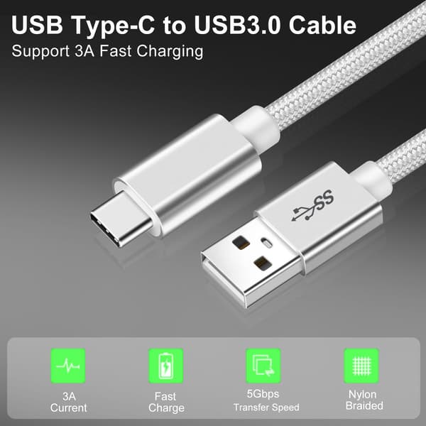 NÖRDIC 1m USB-C USB-A kaapeli USB3.1 Gen1 Nopea lataus 3A 60W 5Gbps Nylon Braided White Silver