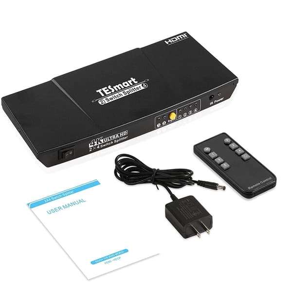 NÖRDIC HDMI Switch 2xPC til 4x skærme 4K30Hz UHD CEC 3D HDCP1.4 til pc, PS5, Xbox og bærbar computer Black