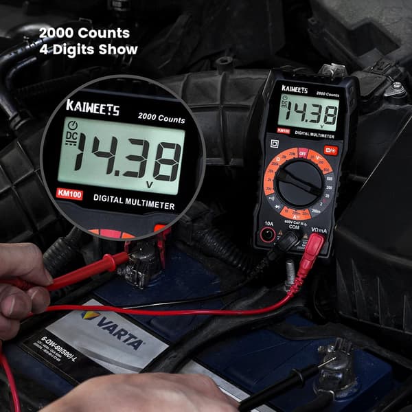 Digital multimeter, DC-/AC-voltmeter, ohm-, volt- og amperemåler samt kontinuitets- og diodespændingstester til husholdningsstik