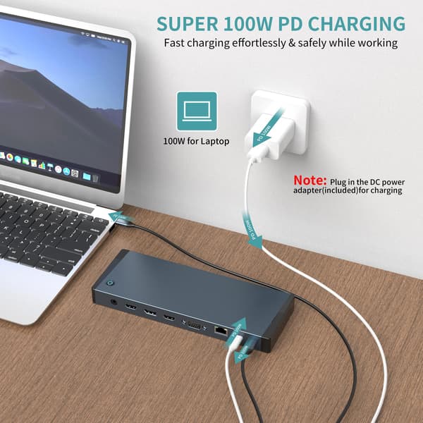 NÖRDIC USB-C Dockningsstation 1 til 18 Fire skærme, 2xHDMI, 1xDP, 1xVGA, 1xUSB-C PD 100W, 1xUSB-C QC, 2xUSB-C, 1xUSB-A QC3.0, 3xUSB-A, 1xGigaLAN