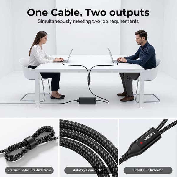 NÖRDIC USB-C-splitter 1 till 2 kabel 1,2m PD 140W snabbladdning
