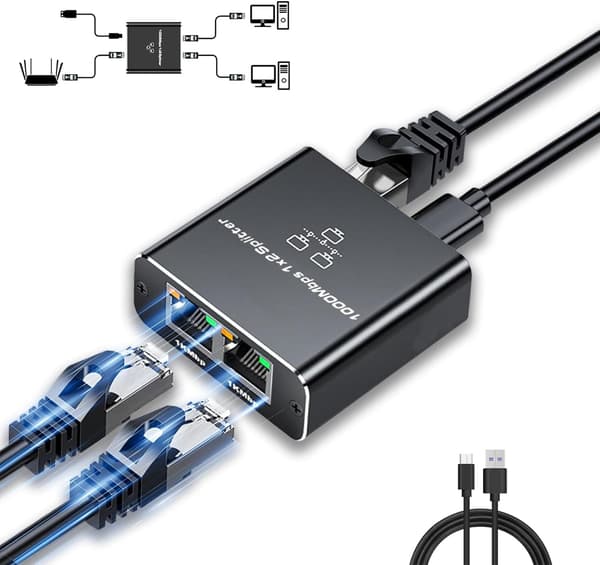 NÖRDIC RJ45-sovitin 1–2 Ethernet Giga 1000Mbps Verkkolaite Black