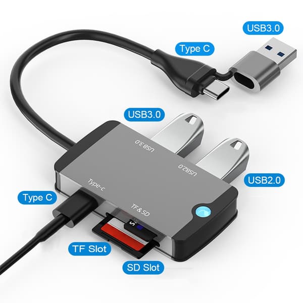 NÖRDIC 1-5 USB-telakointiasema ja kortinlukija - SD, MicroSD/TF, 2x USB-A, 1xUSB-C Black