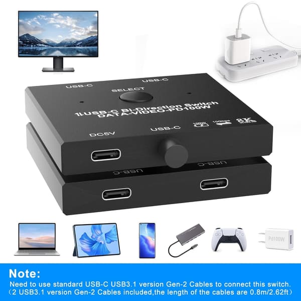 NÖRDIC USB-C 2 til 1 switch & 1 til 2 splitter, 8K/60Hz 4K/144Hz 100WPD 10Gbps Data+Video+PD Black