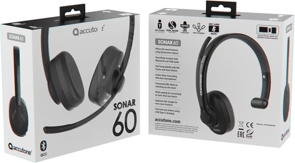 Accutone Sonar 60 Dual Bluetooth & USB kablet headset med støjreducerende mikrofon, lang batterilevetid til PC/Mac og telefoner