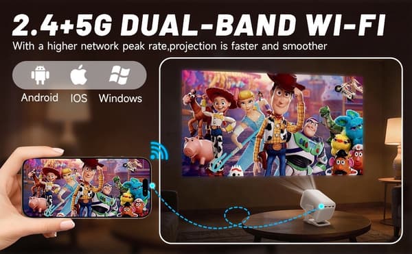 NÖRDIC 1080P Projektor Netflix-certifierad 200 ANSI lumen 2.4/5G WiFi 6 stöd för iOS/Android