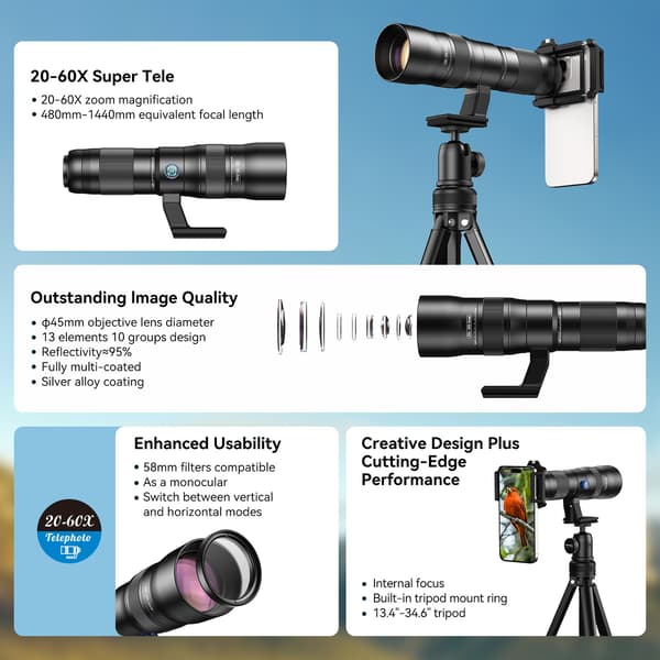 APEXEL Telecular 20–60x professionelt kompakt zoomobjektiv til smartphones