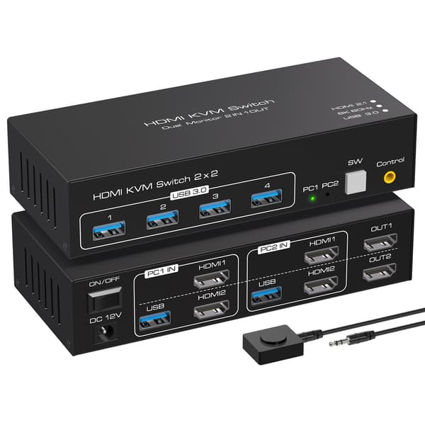 NÖRDIC KVM switch 2 til 2 HDMI til HDMI, 8K60Hz/4K120Hz, 4x USB-A Black