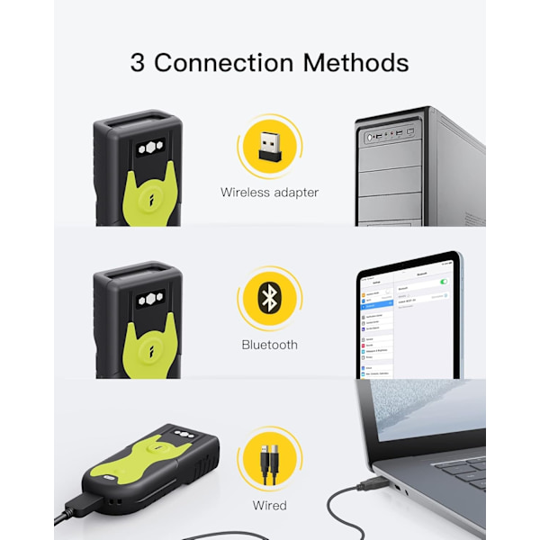 Bluetooth 2D Streckkodsläsare med 2.4 GHz USB-Adapter, Plug and Play