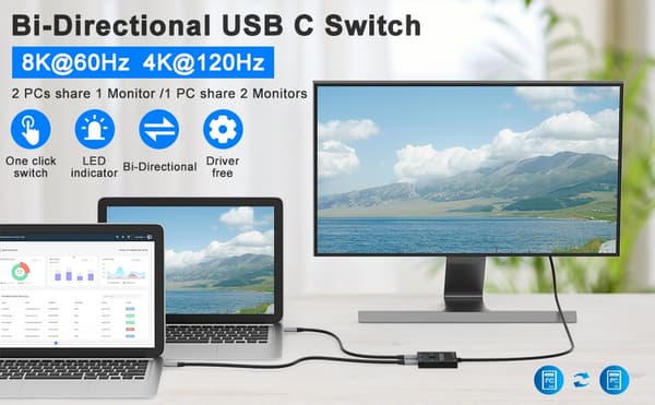 NÖRDIC USB-C 2 til 1 switch & 1 til 2 splitter, 8K/60Hz 4K/144Hz 100WPD 10Gbps Data+Video+PD Black