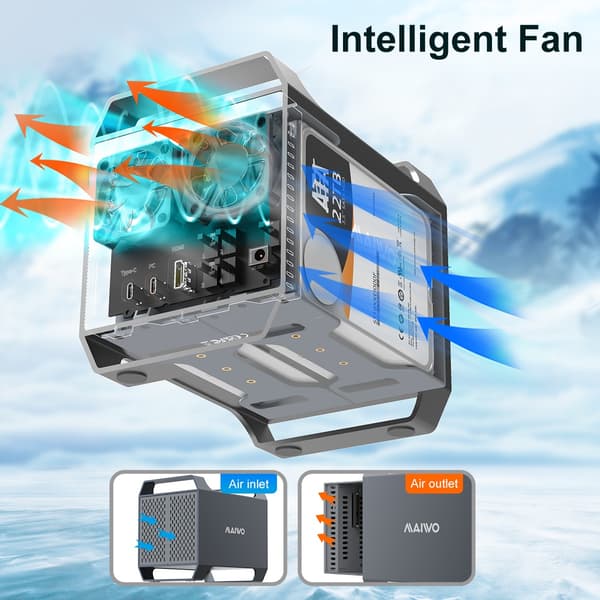 Maiwo K35284A 4-bay DAS-design til 3,5” SATA HDD med 2 køleblæsere, USB‑C & 10 Gbps hastighed, ingen RAID