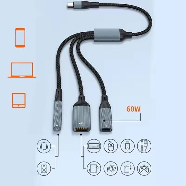 NÖRDIC USB-C-hub 1 til 3, 1xUSB-A 1xUSB-C PD60W 1x3,5mm hovedtelefonstik OTG-kabel