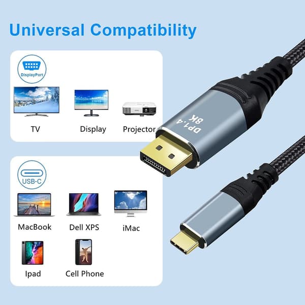 NÖRDIC 5m USB-C til DP 1.4 kabel 8K60Hz 4K120Hz 32,4Gbps