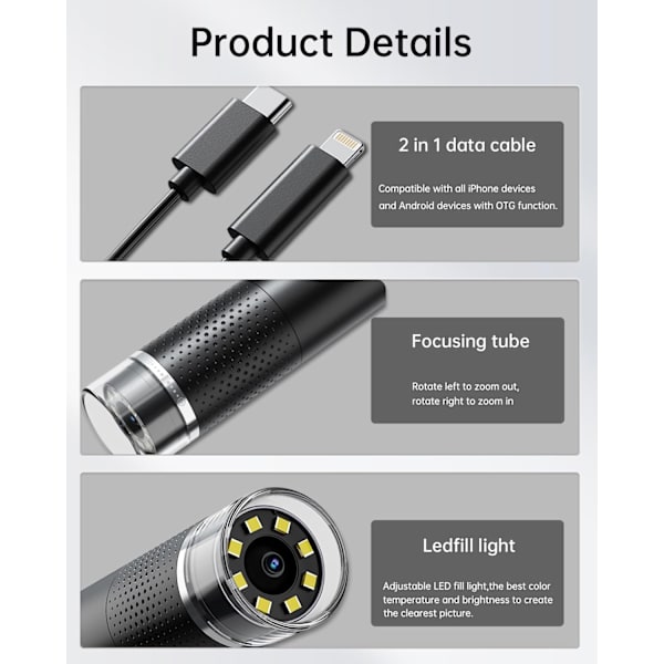 USB Microscope 1080P HD for iPhone Android, 10 to 200X Digital with 8 LED Compatible with iOS, Android, Tablet
