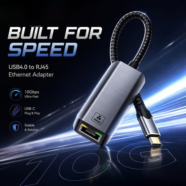NÖRDIC USB-C til 10Gb Ethernet-adapter, 10GbE USB-C til Ethernet-adapter, kompatibel med USB4 og Thunderbolt 5/4/3, lav varmeudvikling og lydløs drift