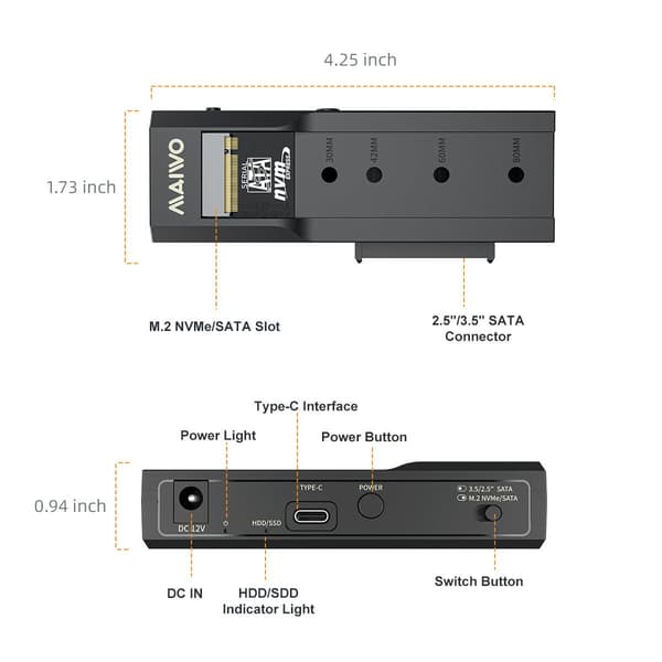 Maiwo K10635P2 USB-C-sovitin NVMe/SATA M.2 SSD:lle ja 2,5"/3,5" SATA HDD USB-C 3.2 10Gbps