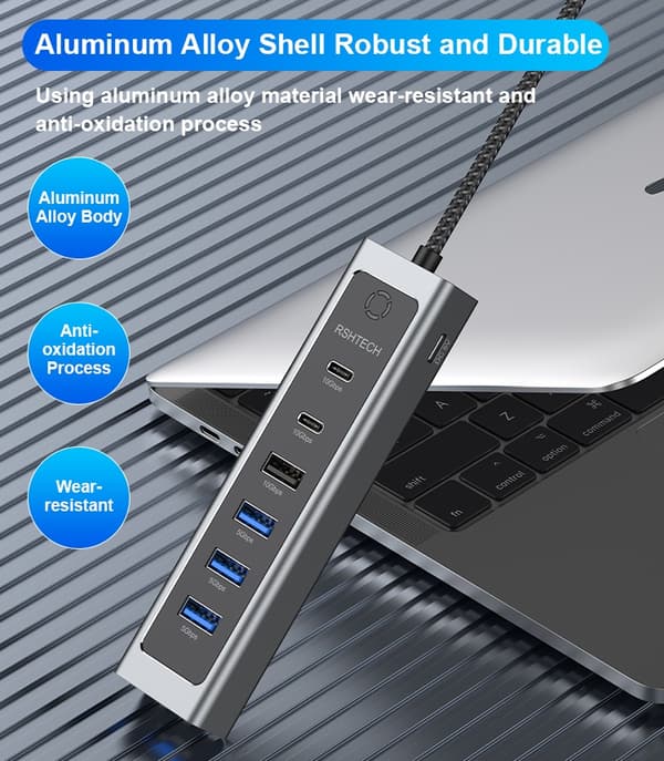NÖRDIC USB-C Hub 2xUSB-C 10G, 1xUSB-A 10G, 4xUSB-A 5G, 60cm kaapeli
