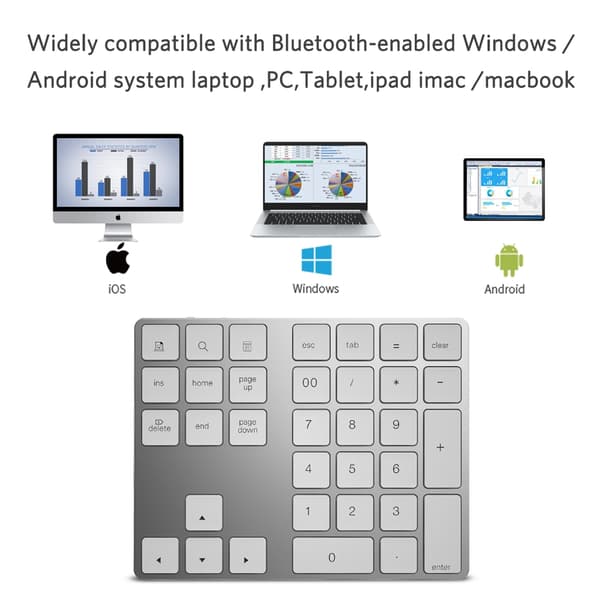 NÖRDIC Bluetooth numeronäppäimistö 34 näppäintä Windows iOS Android Silver