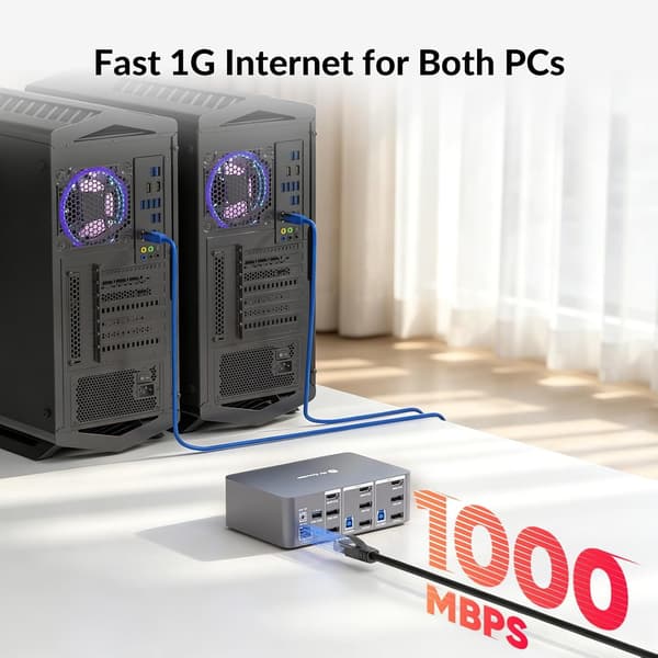 AV Access iDock D23i Dockingstation og KVM-switch 2 til 3, Triple Monitor til 2st Desktop-PC'er, 8K@60Hz, 5xUSB-A, 1xUSB-C, 1G Ethernet, Lyd, SD