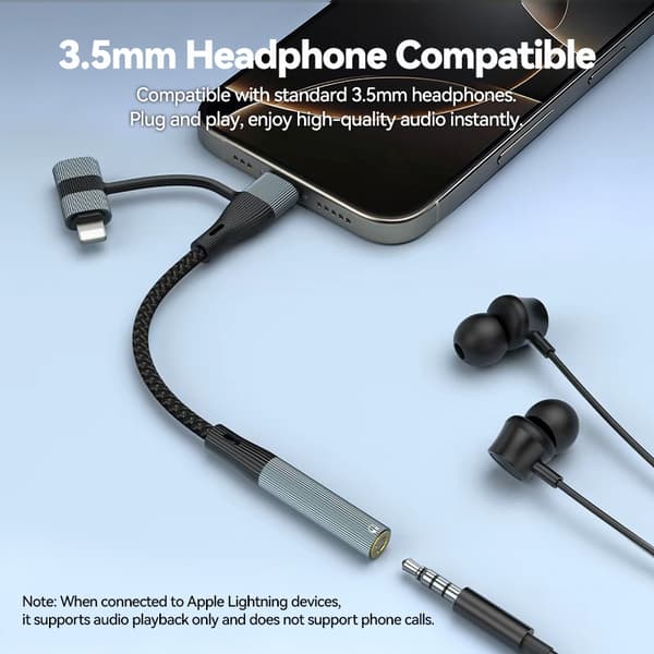 NÖRDIC USB-C/Lightning -stereo 3,5 mm-adapteri 15 cm
