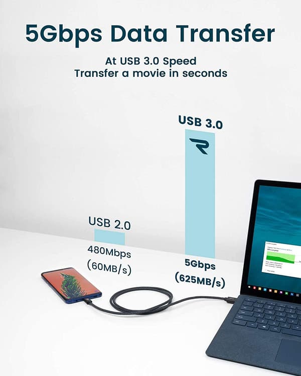 NÖRDIC 1m USB3.2 Gen1 USB-C - nylonpunoskaapeli pikalataus 3A 5Gbps Virtalähde PD 60W Black