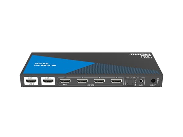 NÖRDIC 8K HDMI 2.1 eARC/ARC matrix switch 4x2 med Extractor Toslink & Stereo, HDMI CEC, Dolby Atmos/Digital Plus, DTS Master Black