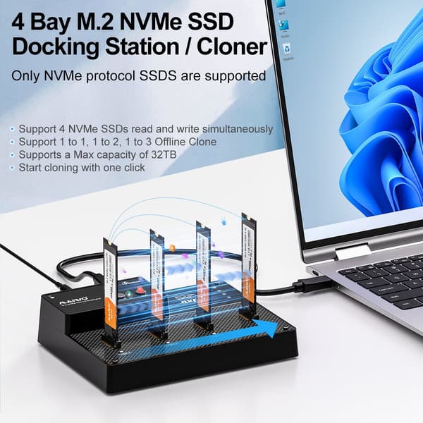 Maiwo K3015P4 4-bay M.2 NVMe SSD USB4.0 Dock, Kloner/Duplicator, Understøtter 1-til-3 Offline-kloning & Software RAID, 40Gbps kompatibel med Thunderbo