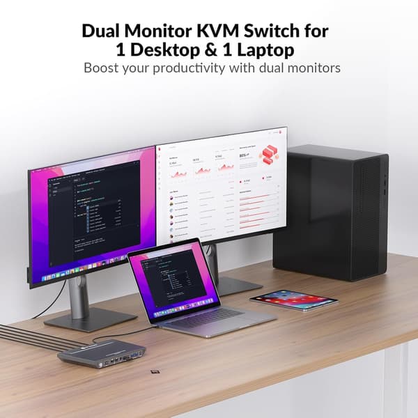 AV Access KD-E10 Dockingstation & KVM Switch for 2 computere til 2 skærme HDMI 4K60Hz, 100W PD, 3 x USB, 1G Ethernet, SD, 3.5 mm AUX Audio EDID Black